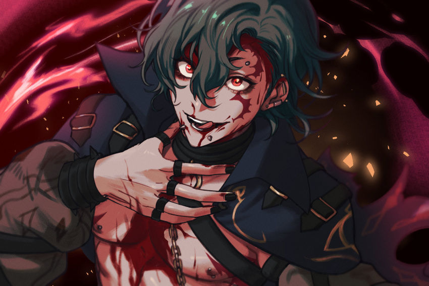 1boy absurdres ariisoo blood blood_on_face buckle fire_emblem fire_emblem_engage green_hair griss_(fire_emblem) hair_between_eyes highres jewelry looking_at_viewer male_focus multiple_piercings nipple_piercing open_mouth piercing red_eyes ring short_hair solo