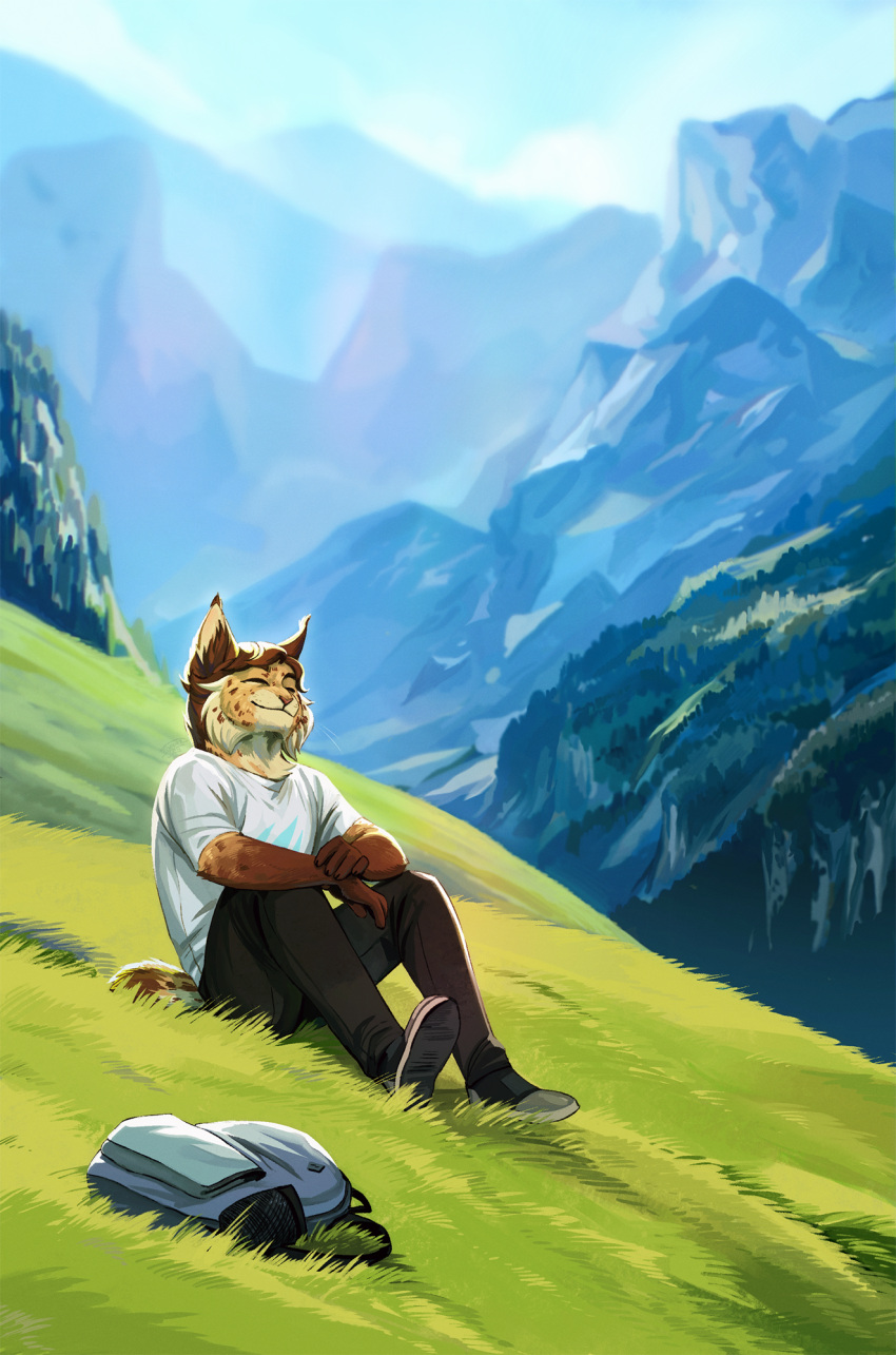 2023 aidan_(sryer) anthro backpack brown_hair cheek_tuft clothed clothing eurasian_lynx eyes_closed facial_tuft felid feline grass hair hi_res lynx male mammal mountain_range novikjpg plant short_tail smile solo tail tuft