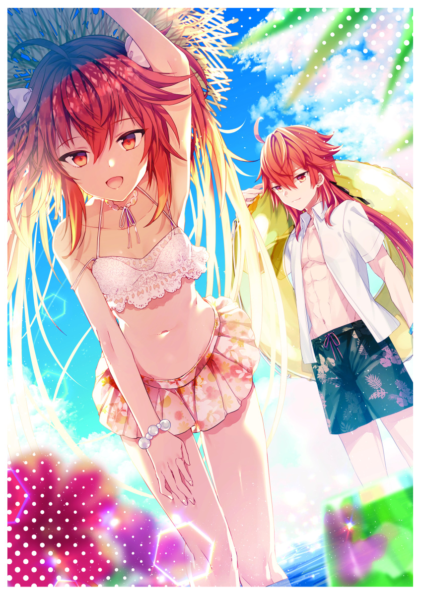 1boy 1girl :d abs absurdres ahoge arm_up bead_bracelet beads bikini blue_sky bow bracelet breasts collared_shirt earrings fate/grand_order fate/grand_order_arcade fate_(series) frilled_bikini frills hair_bow hat highres innertube jewelry looking_at_viewer male_swimwear open_clothes open_shirt orange_eyes orange_hair outdoors pink_skirt rama_(fate) satoimo_(3311_mi) shirt short_sleeves sita_(fate) skirt sky small_breasts smile strap_slip straw_hat swim_ring swim_trunks swimsuit water white_bow white_shirt