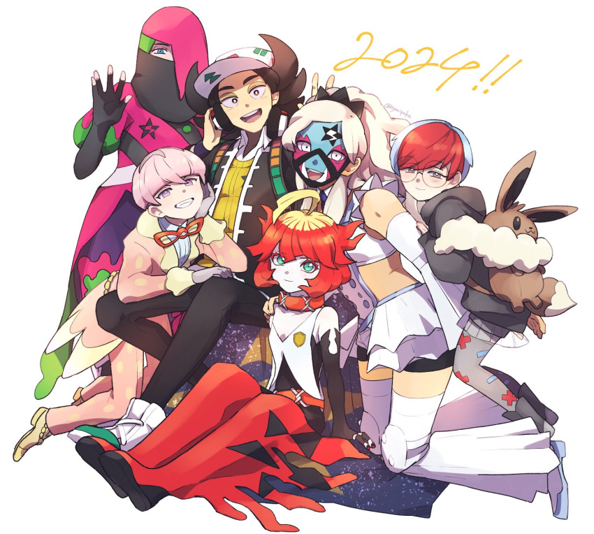 2024 3boys 3girls :d ahoge atticus_(pokemon) backpack bag blonde_hair blue_hair boots brown_bag closed_mouth coat collar collared_shirt commentary_request detached_sleeves elbow_gloves eri_(pokemon) eyelashes facepaint giacomo_(pokemon) glasses gloves green_eyes grin hat head_rest highres hood hood_down hoodie jacket long_sleeves looking_at_viewer mela_(pokemon) multicolored_hair multiple_boys multiple_girls nail_polish nyoripoke open_clothes open_jacket open_mouth orange_collar ortega_(pokemon) pants pantyhose penny_(pokemon) pink_coat pink_hair pink_pants pointy_hair pokemon pokemon_sv purple_eyes red_footwear red_hair round_eyewear see-through see-through_skirt shirt shoes short_hair skirt smile team_star teeth thigh_boots thighhighs two-tone_hair vest white_background yellow_vest