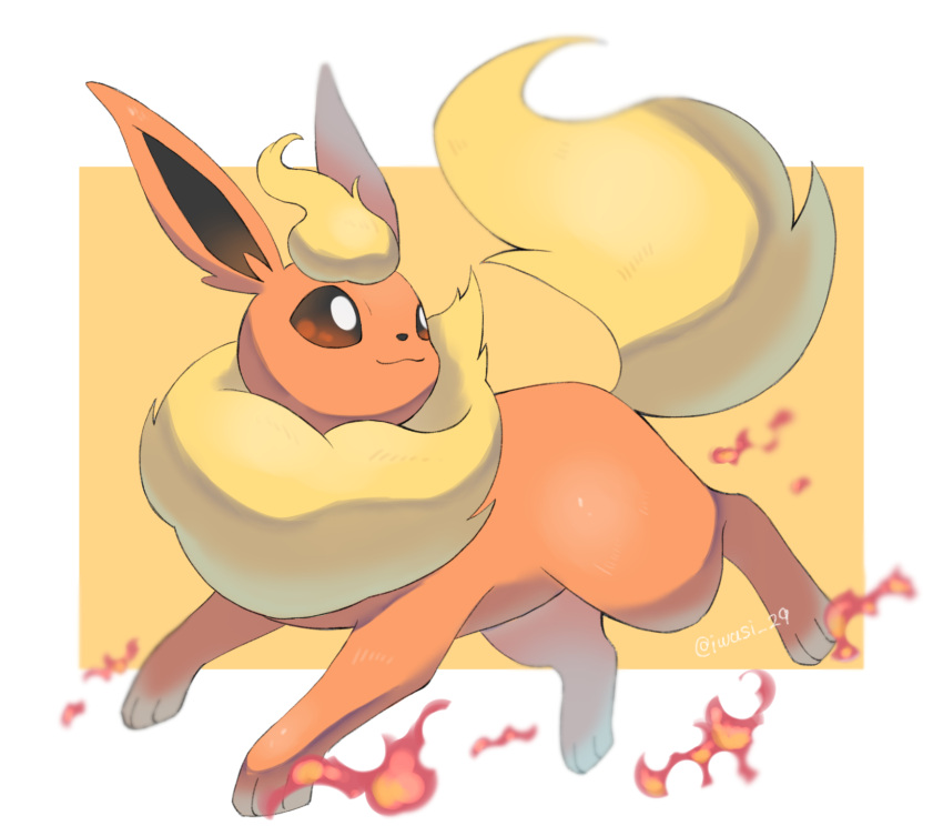 animal_focus artist_name closed_mouth commentary_request fire flareon highres iwasi_29 jumping mane no_humans orange_eyes pokemon pokemon_(creature) tail twitter_username two-tone_background white_background yellow_background