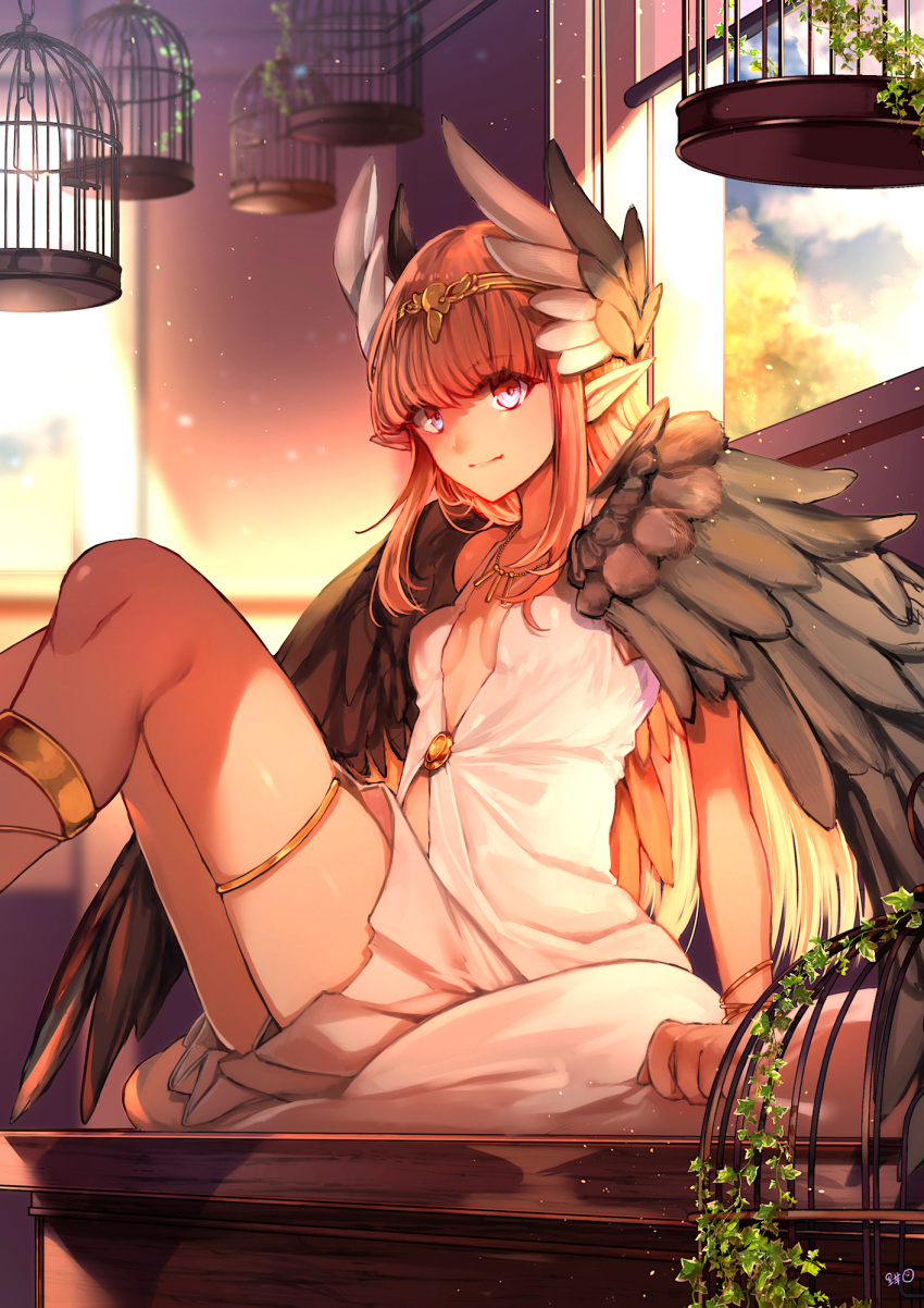 1girl birdcage black_wings blue_eyes breasts cage circe_(fate) closed_mouth desk dress fate/grand_order fate_(series) feather_hair_ornament feathers feet hair_ornament headpiece highres knees_up large_wings looking_at_viewer on_desk pink_hair pointy_ears satoimo_(3311_mi) sitting sitting_on_desk small_breasts smile solo white_dress wings