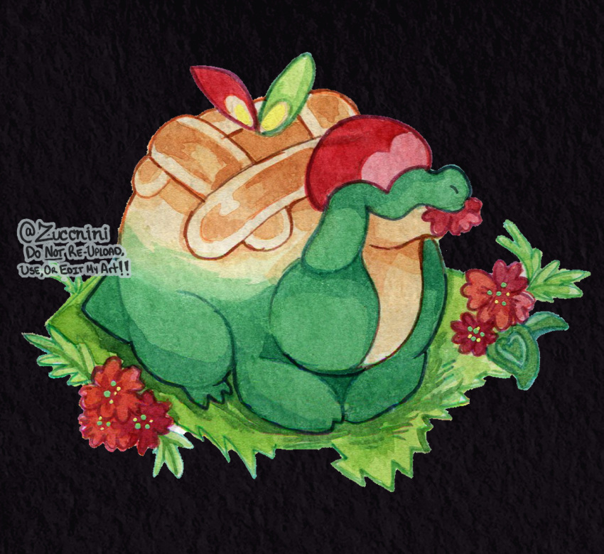 animal_focus appletun artist_name black_background colored_skin commentary eating flower green_skin leaf no_humans pokemon pokemon_(creature) red_flower simple_background sitting tail twitter_username zuccnini