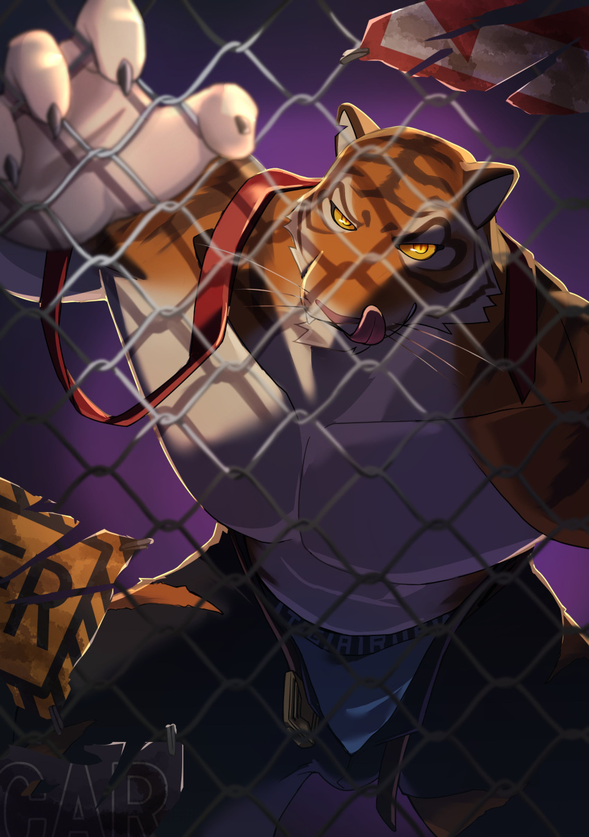 2024 abs absurd_res anthro barazoku bedroom_eyes belt bent_over big_bulge big_muscles bottomwear bulge claws clothed clothing epic_games felid fence fortnite fur hi_res kouga0225 licking licking_lips licking_own_lips looking_at_viewer male mammal muscular muscular_anthro muscular_male narrowed_eyes necktie oscar_(fortnite) outside pantherine pants pecs purple_background seductive sign simple_background smile solo standing tiger tongue tongue_out topless topless_anthro topless_male tuft underwear unzipped whiskers zipper
