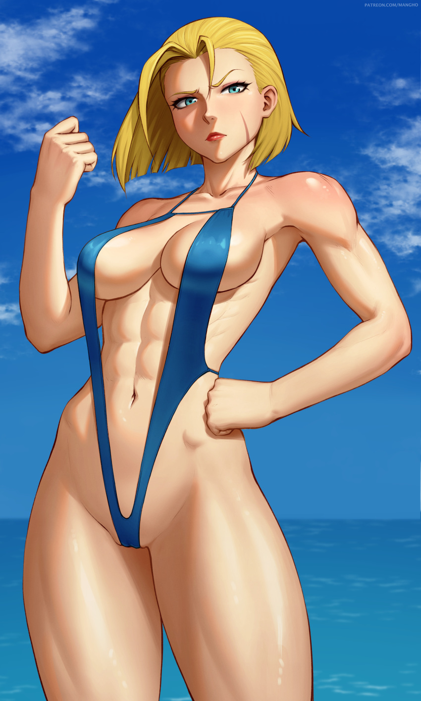 1girl abs absurdres beach biceps blonde_hair blue_eyes blue_one-piece_swimsuit blue_sky bob_cut breasts cameltoe cammy_white clenched_hands collarbone day hand_on_own_hip highres looking_at_viewer mangho medium_breasts navel ocean one-piece_swimsuit paid_reward_available scar scar_on_cheek scar_on_face short_hair sky slingshot_swimsuit solo street_fighter street_fighter_6 swimsuit thick_thighs thighs toned