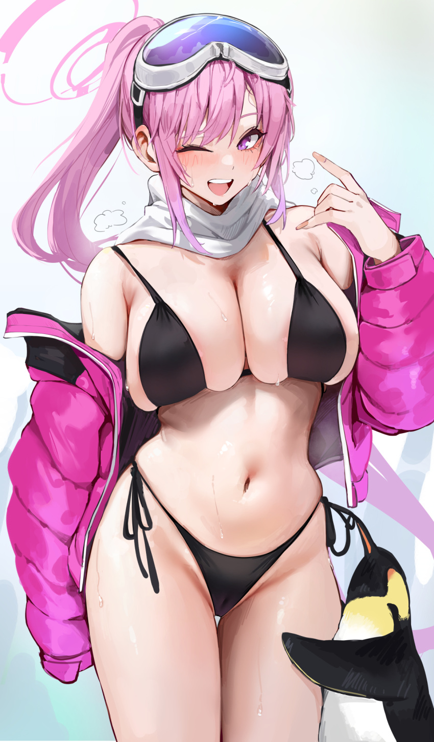 1girl ;d bare_shoulders bikini bird black_bikini blue_archive blush breasts chela77 cleavage commentary cowboy_shot eimi_(blue_archive) eimi_(swimsuit)_(blue_archive) english_commentary goggles goggles_on_head halo hand_up highres jacket large_breasts long_hair long_sleeves looking_at_viewer navel off_shoulder one_eye_closed open_clothes open_jacket penguin pink_hair pink_halo pink_jacket ponytail purple_eyes side-tie_bikini_bottom sideboob smile solo swimsuit thigh_gap thighs