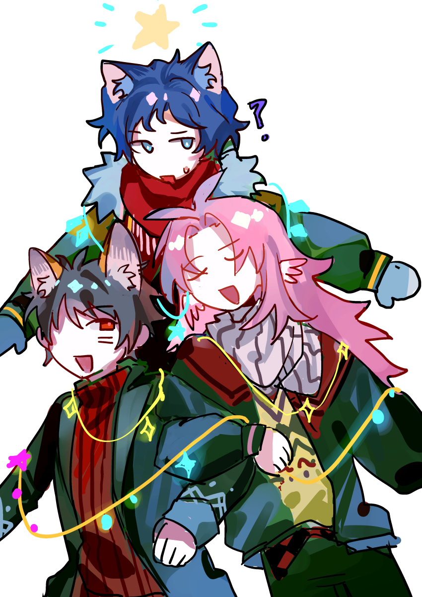 3boys ? absurdres animal_ears antenna_hair bird_boy bird_ears blue_hair blue_mittens cat_boy cat_ears chinese_commentary christmas christmas_lights christmas_sweater closed_eyes commentary_request fox_boy fox_ears green_jacket green_pants grey_hair harada_minoru hatsutori_hajime highres jacket kemonomimi_mode long_hair long_sleeves male_focus mittens multiple_boys no_nose open_clothes open_jacket open_mouth pale_skin pants pink_hair red_eyes red_scarf red_sweater ribbed_sweater saibou_shinkyoku scarf short_hair simple_background sketch smile star_(symbol) striped striped_scarf sweat sweater turtleneck turtleneck_sweater utsugi_yuuki vertical-striped_scarf vertical_stripes white_background white_scarf wotmyijingwuyuwuqiule