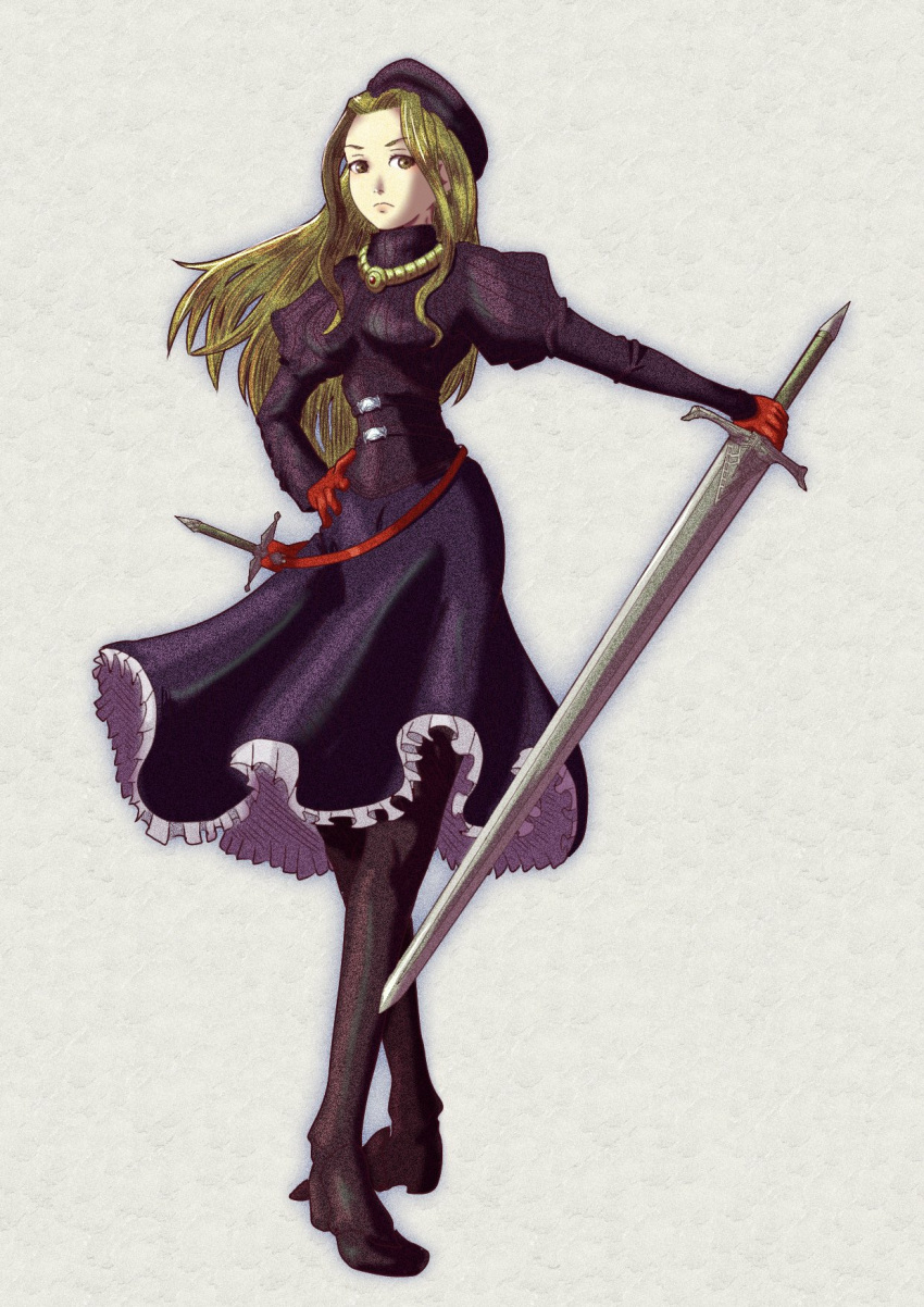1girl black_footwear black_pantyhose blonde_hair breasts brown_eyes catiua_powell dress full_body gloves grey_background hand_on_own_hip hat highres holding holding_weapon holster jewelry long_hair medium_breasts medium_dress necklace pantyhose red_gloves satori_ill side_slit solo sword tactics_ogre weapon