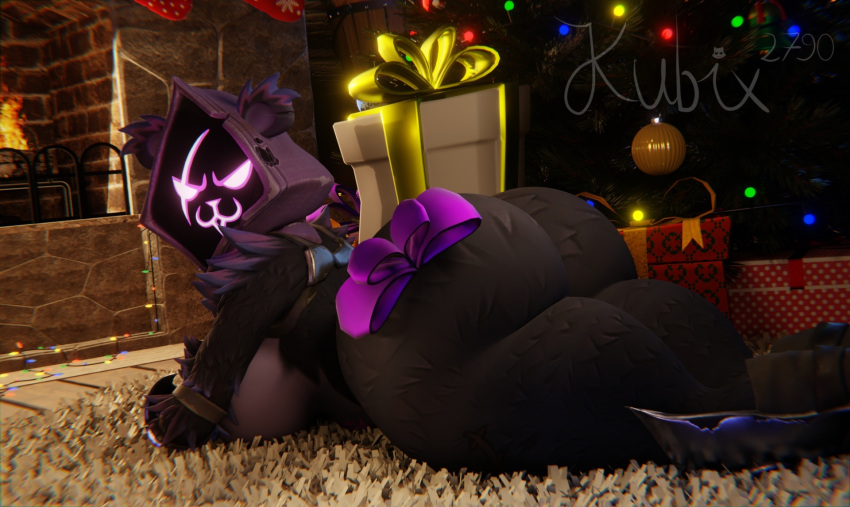 3d_(artwork) anthro bear big_breasts big_butt bighotdaddycat breasts butt christmas digital_media_(artwork) epic_games female fortnite gift glowing glowing_eyes hi_res holidays hood huge_butt huge_hips huge_thighs looking_at_viewer looking_back lying mammal on_front raven_team_leader side_view solo thick_thighs