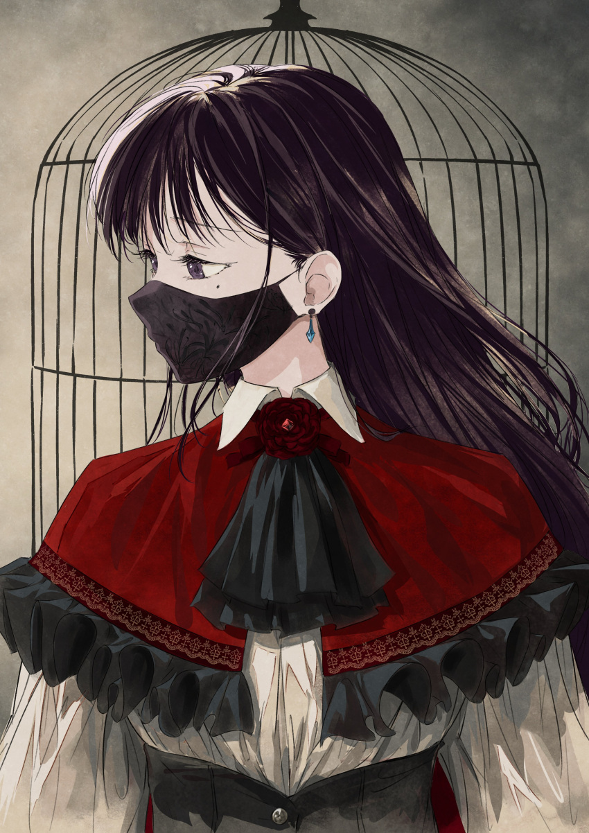 1girl absurdres ascot bang_dream! bang_dream!_it's_mygo!!!!! birdcage black_ascot brown_hair cage capelet collared_shirt commentary corset earrings english_commentary frills highres jewelry long_hair looking_to_the_side mask mole mole_under_eye mouth_mask neck_flower purple_eyes raito_taisha red_capelet shiina_taki shirt solo upper_body