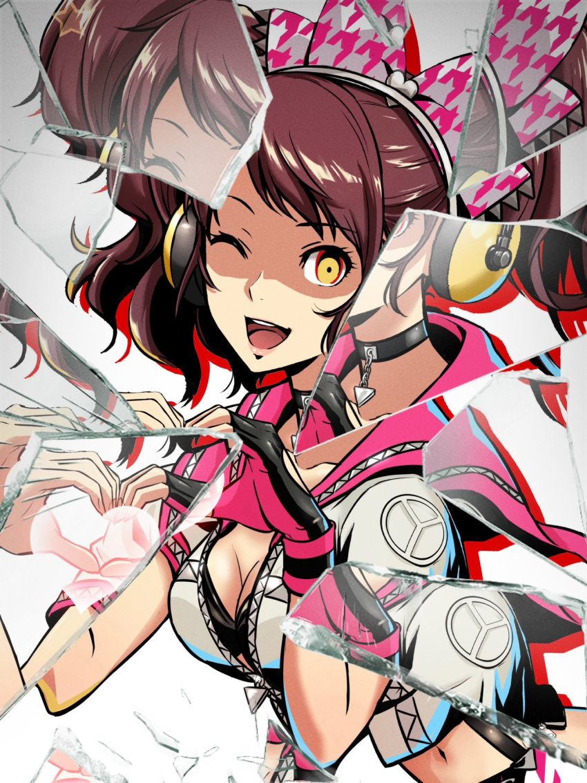 1girl ;d app_filter black_bra black_gloves bow bra breasts broken_glass brown_hair cleavage evil_smile fingerless_gloves floating_hair glass glass_shards gloves hair_bow headphones heart heart_hands highres ito_(daisukidanchi) jewelry kujikawa_rise leaning_forward long_hair medium_breasts midriff navel one_eye_closed pendant persona persona_4 persona_4:_dancing_all_night pink_gloves reflection shaded_face shards single_glove skirt smile solo stomach suspender_skirt suspenders twintails two-tone_gloves underwear white_background wristband yandere yellow_eyes