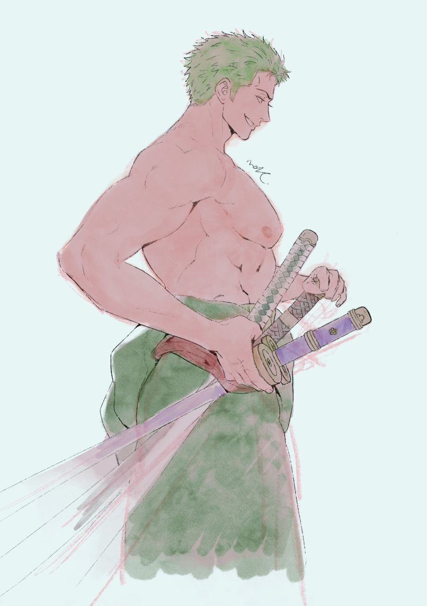 1boy abs aqua_background bara coat cropped_legs from_side green_coat green_hair highres holding holding_sword holding_weapon large_pectorals male_focus muscular muscular_male nipples nok_(nok_1) one_piece pectorals profile red_sash roronoa_zoro sash short_hair sideburns simple_background smile solo sword topless_male triple_wielding weapon