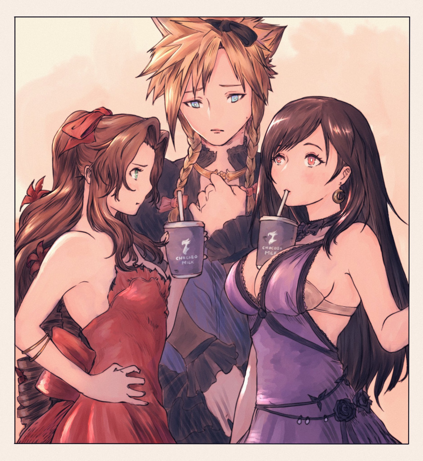 1boy 2girls :t aerith_gainsborough bangs black_hair blonde_hair bow bra breast_envy breasts brown_hair bubble_tea bubble_tea_challenge cleavage cloud_strife commentary crescent crescent_earrings crossdressing cup disposable_cup dress drinking_straw drinking_straw_in_mouth earrings english_commentary final_fantasy final_fantasy_vii final_fantasy_vii_remake frilled_sleeves frills gusty10rk hair_bow highres jewelry large_breasts looking_afar looking_at_another medium_breasts multiple_girls object_on_breast official_alternate_costume purple_dress red_dress spiked_hair strapless strapless_bra swept_bangs tifa_lockhart tifa_lockhart's_refined_dress underwear