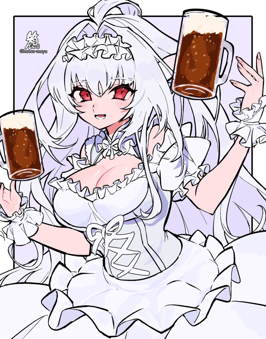 1girl ahoge alcohol bare_shoulders beer beer_mug breasts cleavage cleavage_cutout clothing_cutout corset cup dirndl dress fate/grand_order fate_(series) frilled_hairband frills german_clothes hacco_mayu hairband highres lady_avalon_(event_portrait)_(fate) lady_avalon_(fate) large_breasts long_hair looking_at_viewer merlin_(fate/prototype) mug open_mouth pointy_ears red_eyes scrunchie smile solo very_long_hair white_dress white_hair wrist_scrunchie