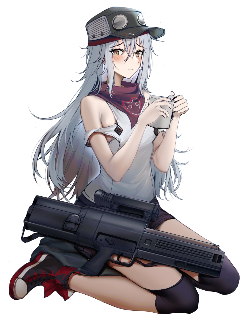 1girl assault_rifle boots brown_eyes cup g11_(girls'_frontline) girls'_frontline green_headwear grey_hair gun h&amp;k_g11 hat highres holding holding_cup kitsune_udon_(ai_br) long_hair looking_at_viewer messy_hair rifle seiza sitting smile solo weapon white_background