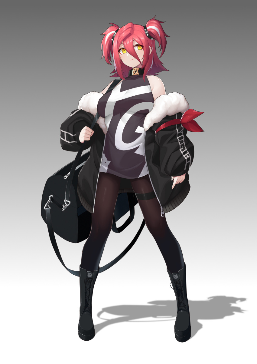 1girl absurdres armband bag boots duffel_bag highres hololive hololive_china jacket multicolored_hair open_clothes open_jacket pantyhose red_armband red_hair shadow short_hair simple_background smile spikes standing streaked_hair thigh_strap twintails two-tone_hair virtual_youtuber white_hair yellow_eyes yogiri_(hololive) z-jun.dd-zhong