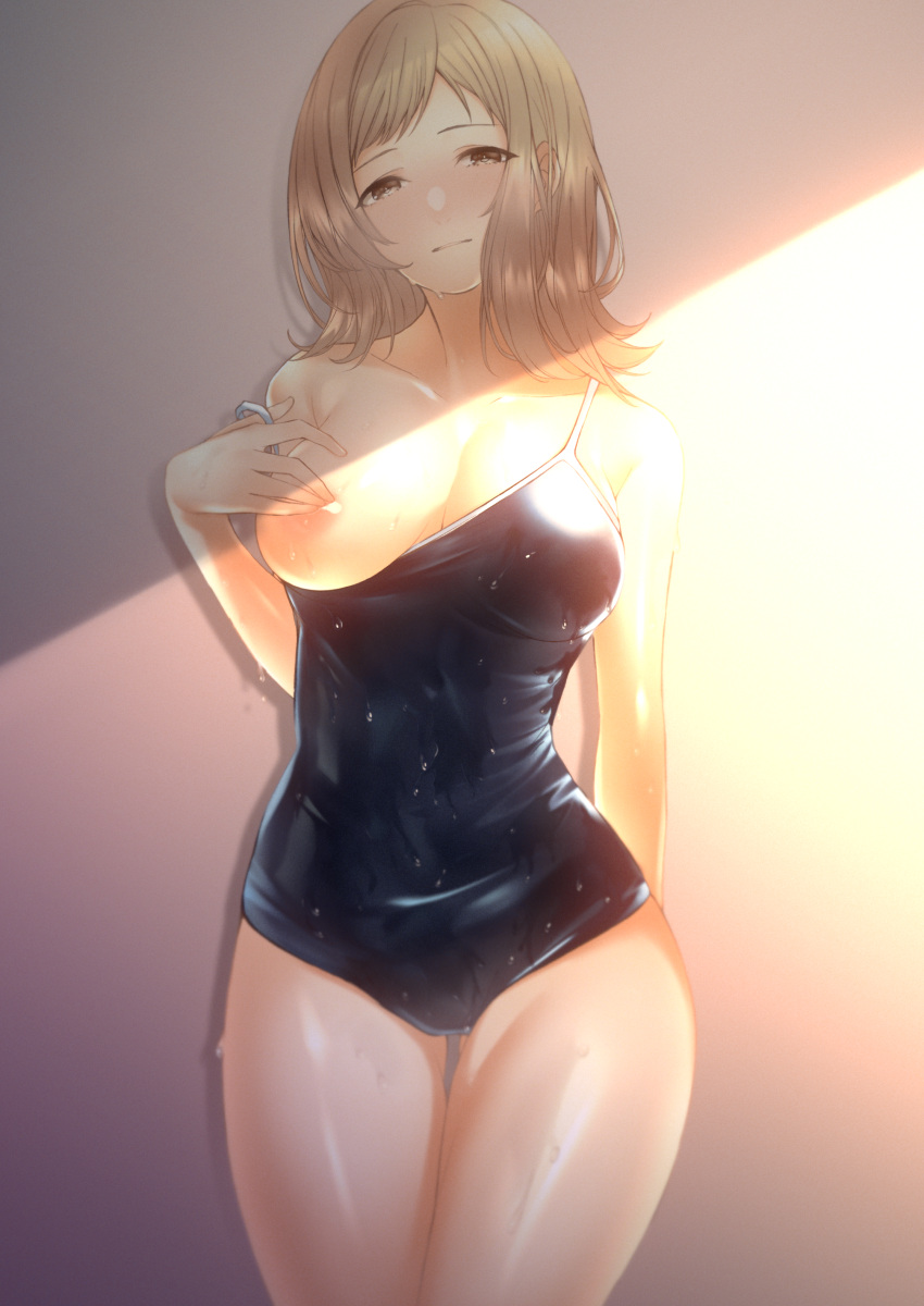1girl absurdres areolae ass_visible_through_thighs bare_legs black_swimsuit blush breasts brown_eyes brown_hair cleavage closed_mouth collarbone covering covering_one_breast cowboy_shot highres idolmaster idolmaster_shiny_colors legs_together looking_at_viewer medium_breasts medium_hair one-piece_swimsuit one_breast_out sakuragi_mano school_swimsuit solo standing swimsuit taiyou-n thigh_gap thighs wet