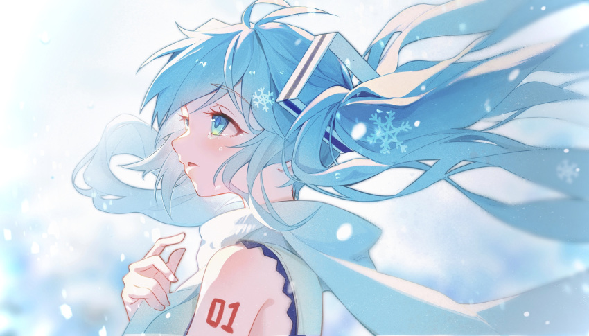 1girl absurdres ahoge blue_background blue_eyes blue_hair blue_scarf blurry blurry_background blush cloudyman commentary_request hatsune_miku highres long_hair looking_up number_tattoo parted_lips scarf shirt shoulder_tattoo simple_background sleeveless sleeveless_shirt snowflakes solo tattoo twintails upper_body very_long_hair vocaloid white_background white_shirt winter