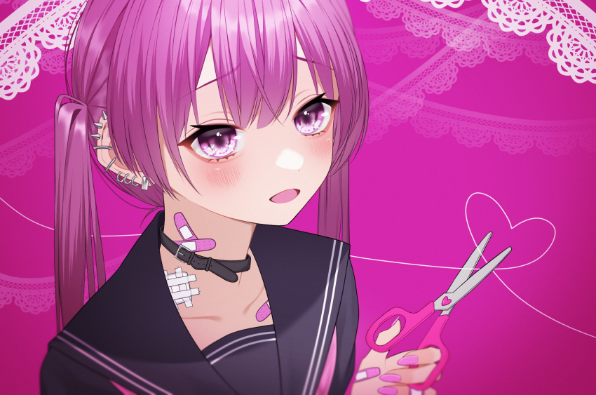 1girl bandaid bandaid_on_hand bandaid_on_neck blush collar earrings heart heart_of_string highres holding holding_scissors jewelry long_hair looking_at_viewer multiple_piercings nail_polish open_mouth original piercing pink_background purple_eyes purple_hair school_uniform scissors serafuku smile solo spiked_ear_piercing twintails upper_body wanko_(yurika0320)