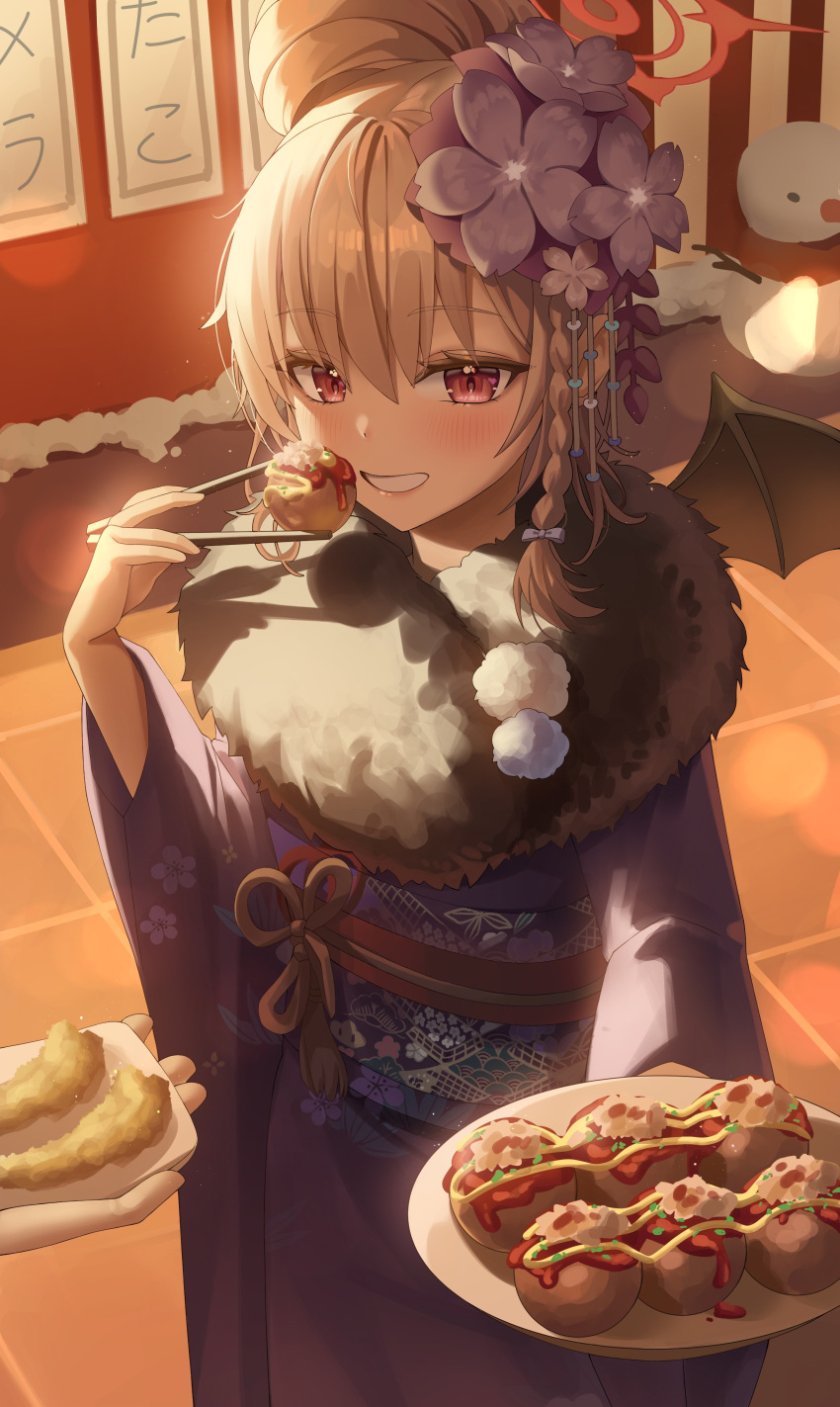 1girl absurdres black_wings blue_archive blush chopsticks demon_wings flower food grey_hair grin hair_flower hair_ornament halo haruna_(blue_archive) haruna_(new_year)_(blue_archive) highres holding holding_chopsticks japanese_clothes kimono long_hair long_sleeves looking_at_viewer mella_(mell_a12) obi official_alternate_costume purple_flower purple_kimono red_eyes red_halo sash single_wing smile snowman solo takoyaki wide_sleeves wings
