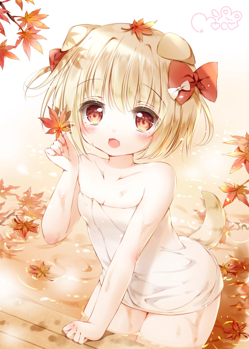 1girl animal_ears blonde_hair blush bow breasts cowboy_shot dog_ears dog_girl dog_tail hair_bow highres holding holding_leaf leaf leaf_on_liquid looking_at_viewer maple_leaf moco_ofuton naked_towel open_mouth orange_eyes original short_hair small_breasts smile solo tail towel wading water water_drop wet