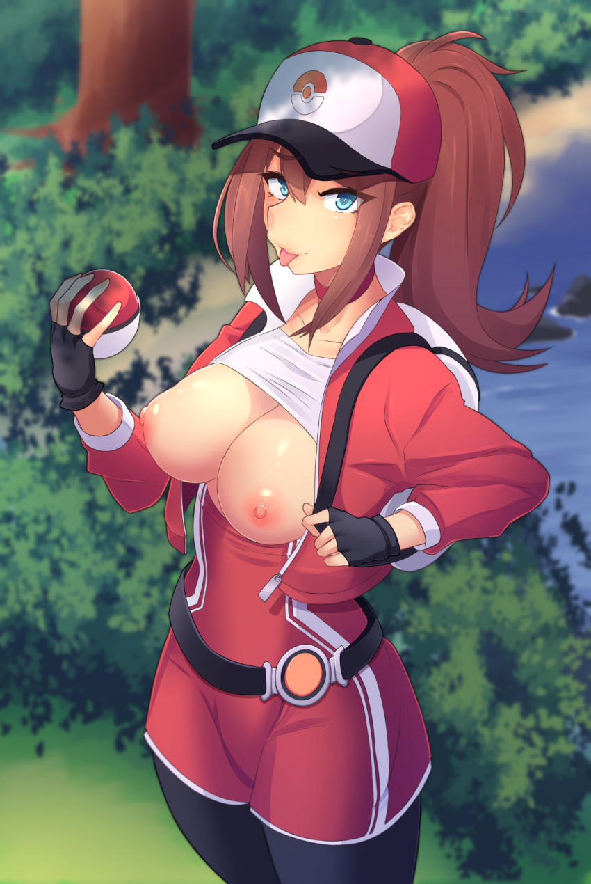 1girl backpack bag baseball_cap belt black_gloves blue_eyes blurry blurry_background breasts brown_hair bush choker closed_mouth clothes_lift commentary cropped_jacket day depth_of_field english_commentary eyebrows_visible_through_hair eyes_visible_through_hair female_protagonist_(pokemon_go) fingerless_gloves gloves hat highres holding holding_poke_ball jacket kazu-koto leggings long_hair looking_at_viewer medium_breasts nipples no_bra open_clothes open_jacket outdoors poke_ball pokemon pokemon_(game) pokemon_go ponytail red_choker red_jacket red_shorts shirt shirt_lift shorts solo standing tongue tongue_out water white_shirt