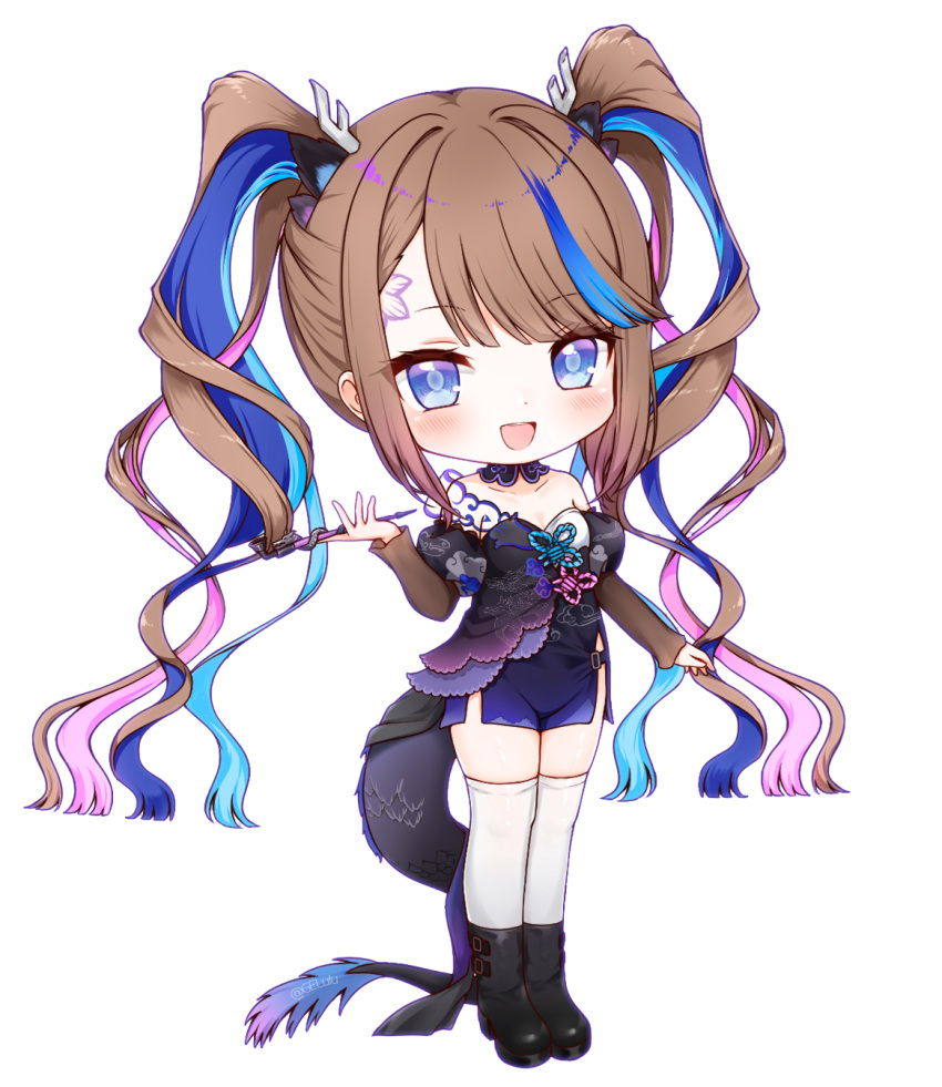 1girl airi_kanna antlers black_footwear blue_eyes blue_hair blush boots breasts brown_hair brown_sleeves chibi choker dragon_girl dragon_horns dragon_tail forehead_tattoo full_body gelulu hair_intakes heart heart_choker highres holding holding_smoking_pipe horns long_hair long_sleeves looking_at_viewer multicolored_hair open_mouth purple_hair simple_background skirt smile smoking_pipe solo stellive streaked_hair swept_bangs tail teeth thighhighs twintails upper_teeth_only very_long_hair white_background