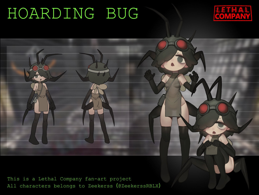 arthropod_girl arthropod_limbs bag black_thighhighs bottomless breasts copyright_name english_text fangs goggles goggles_on_head grey_eyes hair_over_one_eye highres hoarding_bug_(lethal_company) humanization insect_wings kamitoge_supino lethal_company no_pants red_goggles satchel small_breasts thighhighs twitter_username wings