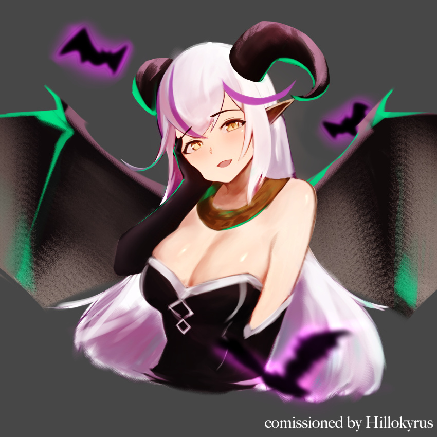 1girl absurdres bare_shoulders blush breasts cleavage demon_girl demon_horns elbow_gloves gloves grand_summoners hand_on_own_cheek hand_on_own_face hand_up highres horns large_breasts long_hair looking_at_viewer pointy_ears puppuppa riviera_(grand_summoners) strapless upper_body wings