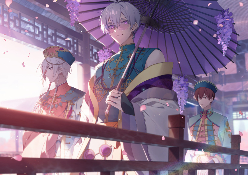 3boys aiue_o_eiua alternate_costume alternate_hairstyle architecture braid braided_sidelock brown_eyes brown_hair chinese_clothes commentary_request cowboy_shot east_asian_architecture flower frown green_headwear green_jacket green_shirt hat highres holding holding_umbrella idolish7 inumaru_toma jacket kujou_tenn looking_at_viewer looking_to_the_side male_focus multiple_boys oil-paper_umbrella osaka_sougo pink-tinted_eyewear purple_eyes purple_flower purple_hair railing shirt short_hair sunglasses tinted_eyewear twin_braids umbrella upper_body white_hair