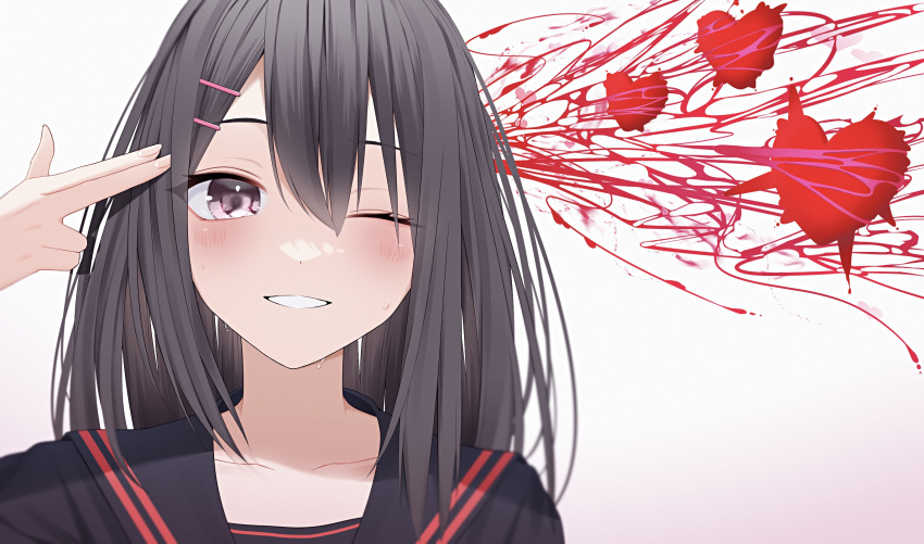 1girl black_hair blood blush commentary crying finger_gun finger_gun_to_head grin hair_ornament hairclip hand_up heart highres long_hair looking_at_viewer one_eye_closed original pink_eyes school_uniform serafuku simple_background smile solo straight-on tears upper_body wanko_(yurika0320) white_background