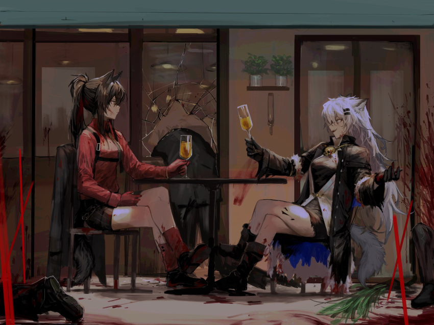 2girls 3others animal_ears ankle_boots arknights black_footwear black_gloves black_hair blood blood_on_clothes blood_on_face blood_on_leg blood_on_wall boots broken_glass broken_window chest_harness collared_shirt corpse crossed_ankles cup drinking_glass eye_contact from_side full_body glass gloves hair_ornament hairclip hanging_light harness highres holding holding_cup indoors lappland_(arknights) lappland_(refined_horrormare)_(arknights) light_smile long_hair looking_at_another multiple_girls multiple_others mutomorokoshi official_alternate_costume on_chair open_mouth oripathy_lesion_(arknights) plant ponytail potted_plant profile red_gloves red_shirt reflection revision scar scar_across_eye shirt sitting table tail texas_(arknights) texas_(willpower)_(arknights) white_hair wine_glass wolf_ears wolf_tail