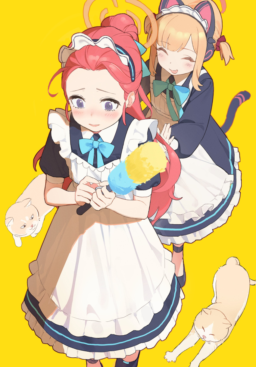 absurdres animal animal_ear_headphones animal_ears apron black_dress blonde_hair blue_archive blush cat cat_ear_headphones closed_eyes dress duster fake_animal_ears frilled_apron frills halo headphones highres holding holding_duster long_hair long_sleeves maid_headdress momoi_(blue_archive) momoi_(maid)_(blue_archive) multiple_girls parted_lips ponytail red_hair short_sleeves simple_background tail white_apron xpsuv yellow_background yuzu_(blue_archive) yuzu_(maid)_(blue_archive)