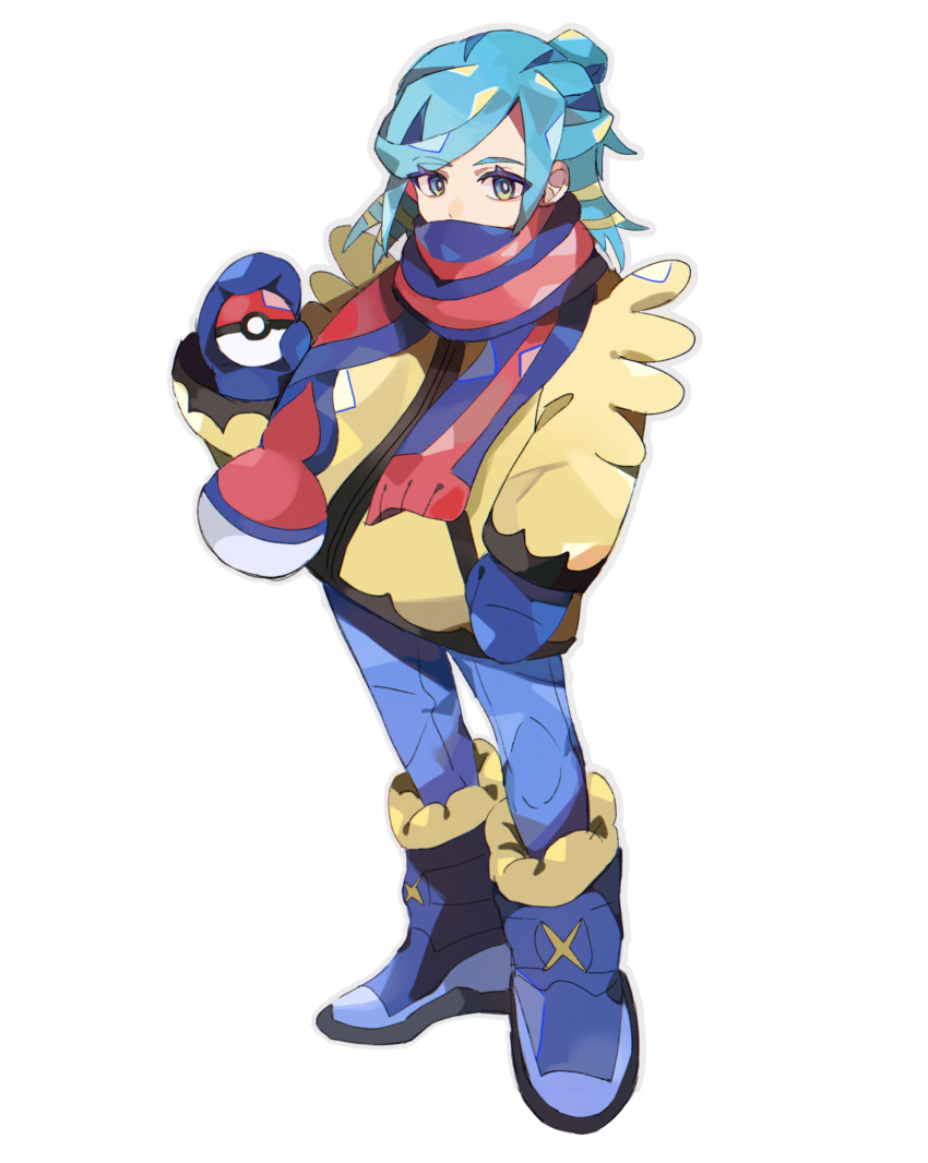 1boy absurdres blue_footwear blue_mittens blue_pants blue_scarf boots bright_pupils commentary eyelashes full_body green_hair grusha_(pokemon) highres holding holding_poke_ball jacket long_sleeves male_focus mittens pants piyomaru_(hachiyonnxxxx) poke_ball poke_ball_(basic) poke_ball_print pokemon pokemon_sv scarf solo standing striped striped_scarf white_pupils yellow_jacket