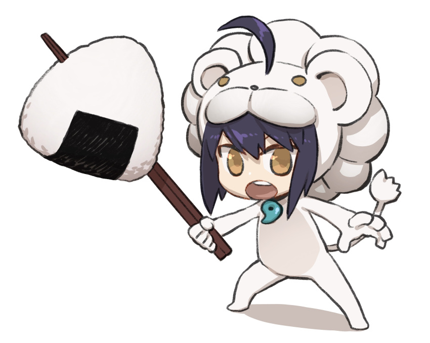 absurdres ahoge animal_costume artoria_pendragon_(fate) black_hair brown_eyes chibi chopsticks cosplay fate/samurai_remnant fate_(series) food highres lion_costume magatama miwa_shirow onigiri saber_lion saber_lion_(cosplay) white_background yamato_takeru_(fate)