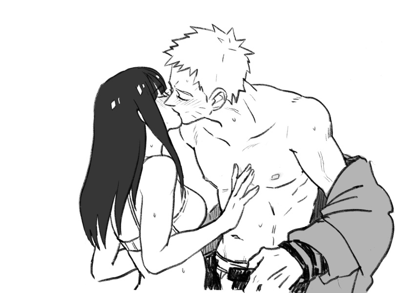 1boy 1girl blush boruto:_naruto_next_generations bra breasts closed_eyes commentary_request facial_mark greyscale hetero heureoreo highres husband_and_wife hyuuga_hinata kiss korean_commentary medium_breasts monochrome naruto_(series) navel sweat toned toned_male topless_male underwear underwear_only uzumaki_naruto whisker_markings