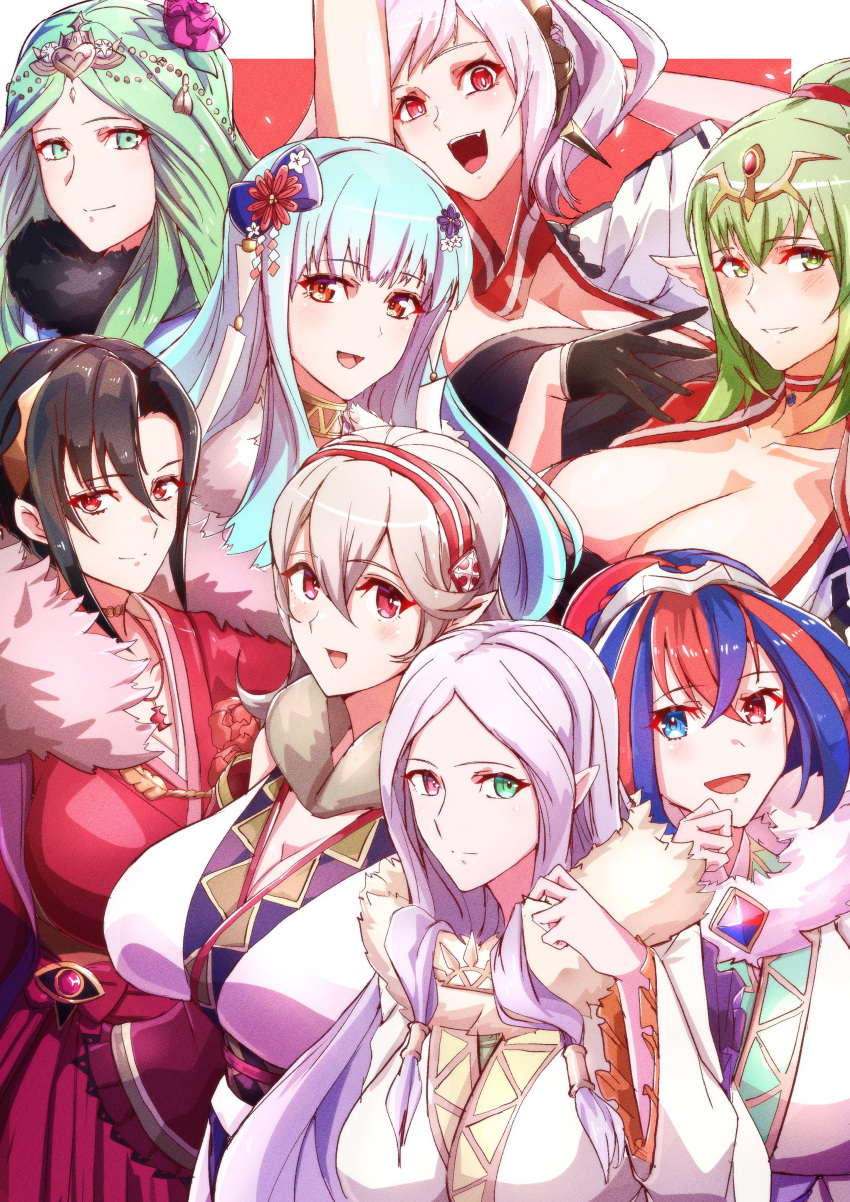 6+girls absurdres alear_(female)_(fire_emblem) alear_(fire_emblem) alternate_costume black_gloves black_hair blue_eyes blue_hair blush breasts cleavage corrin_(female)_(fire_emblem) corrin_(fire_emblem) crossed_bangs fire_emblem fire_emblem:_the_blazing_blade fire_emblem:_three_houses fire_emblem_awakening fire_emblem_engage fire_emblem_fates flower fur_trim gloves green_eyes green_hair grima_(fire_emblem) hair_between_eyes hair_flower hair_ornament heterochromia highres huge_breasts hydrangea idunn_(fire_emblem) japanese_clothes kimono large_breasts looking_at_viewer multicolored_hair multiple_girls nel_(fire_emblem) ninian_(fire_emblem) open_mouth pointy_ears ponytail red_eyes red_hair rhea_(fire_emblem) robin_(female)_(fire_emblem) robin_(fire_emblem) smile split-color_hair tiara tiki_(adult)_(fire_emblem) tiki_(fire_emblem) to_(tototo_tk) two-tone_hair white_hair