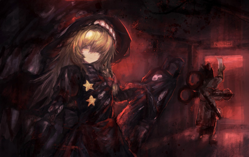 2girls 833_(cookie) black_hair black_vest blonde_hair blood blood_on_clothes bow chinese_commentary closed_eyes closed_mouth commentary_request cookie_(touhou) cowboy_shot exit_sign full_body grey_shirt hair_between_eyes hair_bow hakurei_reimu highres indoors kaiten_gunshuu_no_kage kirisame_marisa long_bangs long_hair multiple_girls red_bow red_theme scissors shirt smile solo_focus standing star_(symbol) suzu_(cookie) touhou vest