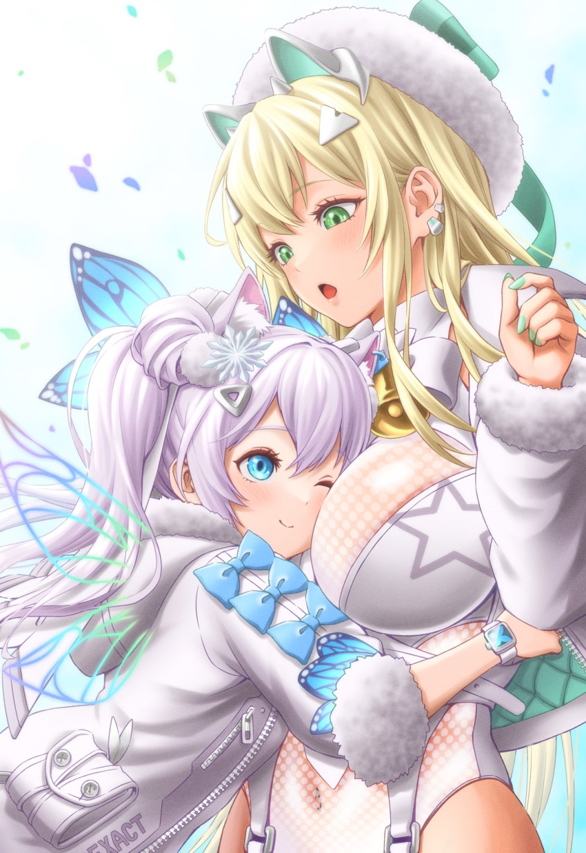 2girls animal_ear_fluff animal_ears bell beret between_breasts blonde_hair blue_eyes blush bow breasts covered_navel earrings face_between_breasts fingernails fur_hat fur_trim goddess_of_victory:_nikke green_eyes hair_ornament hairclip hat head_between_breasts highres hug jewelry large_breasts logo long_hair long_sleeves masatoshi_1219 multiple_girls n102_(miracle_fairy)_(nikke) n102_(nikke) nail_polish neck_bell one_eye_closed open_mouth ribbon rupee_(nikke) rupee_(winter_shopper)_(nikke) shiny_clothes short_sleeves simple_background smile upper_body watch white_hair wristwatch