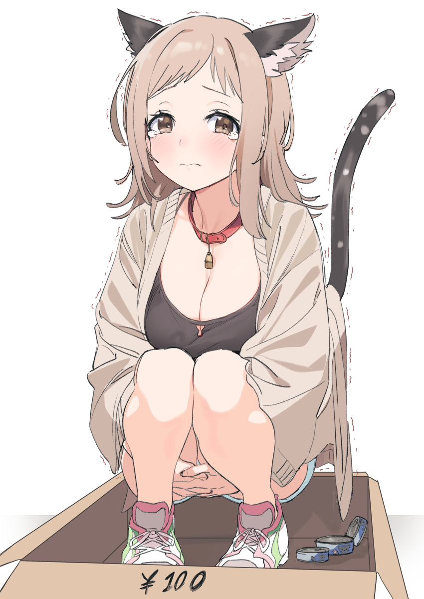 1girl absurdres animal_ear_fluff animal_ears bare_legs black_shirt blush box breasts canned_tuna cardboard_box cat_ears cat_girl cat_tail cleavage dorontabi extra_ears for_adoption hands_under_legs highres idolmaster idolmaster_shiny_colors leather_choker looking_at_viewer medium_breasts own_hands_together sakuragi_mano shirt shoes shorts simple_background sneakers solo squatting stole tail tearing_up trembling