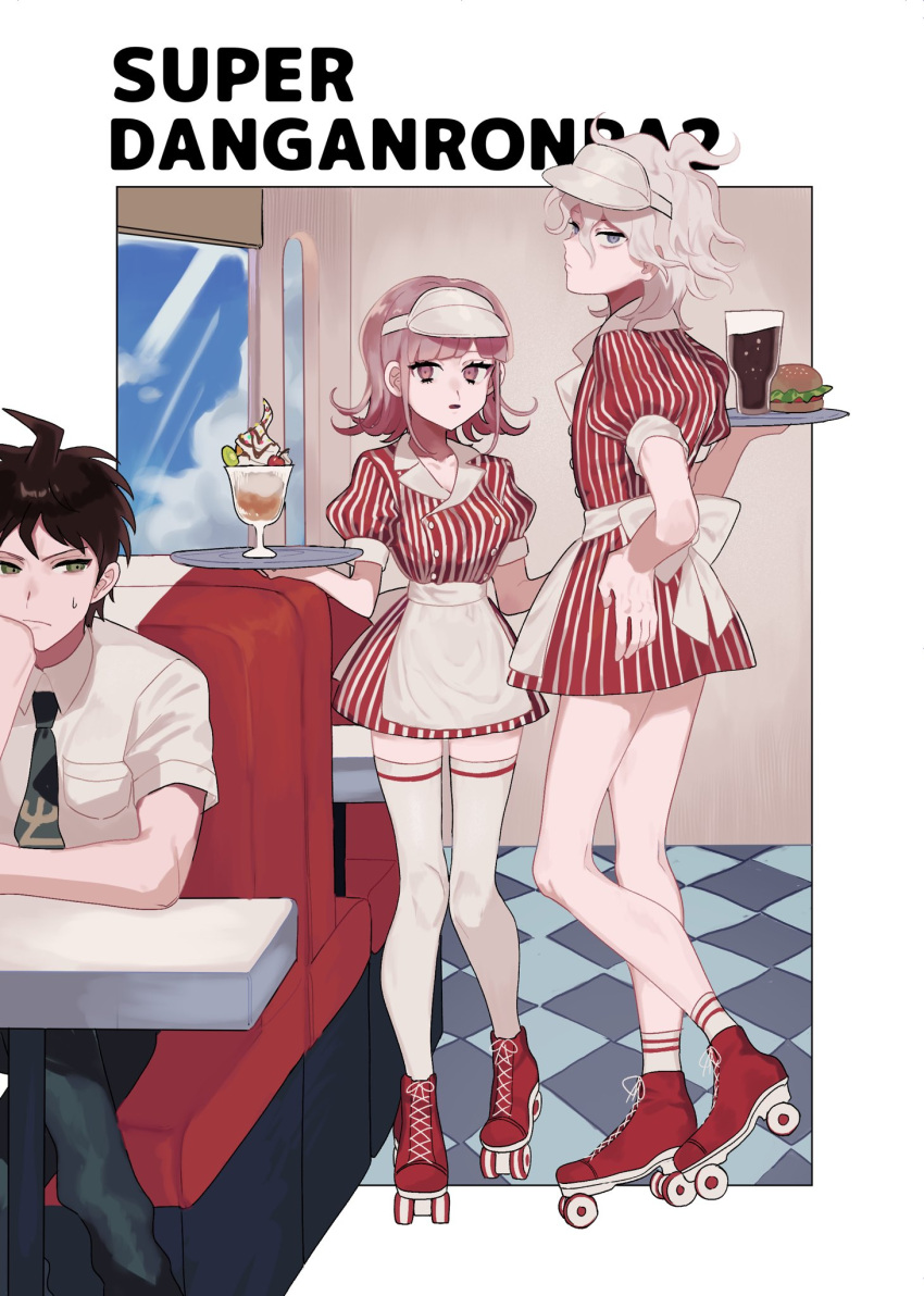 1girl 2boys :o ahoge alternate_costume apron bench breasts brown_hair closed_mouth crossdressing danganronpa_(series) danganronpa_2:_goodbye_despair dress flipped_hair full_body green_necktie grey_hair hand_on_own_hip highres hinata_hajime holding holding_tray komaeda_nagito large_breasts medium_hair monigechan multiple_boys nanami_chiaki necktie pink_eyes puffy_short_sleeves puffy_sleeves roller_skates short_sleeves sitting skates standing striped striped_dress thighhighs tray waist_apron waiter waitress white_thighhighs window