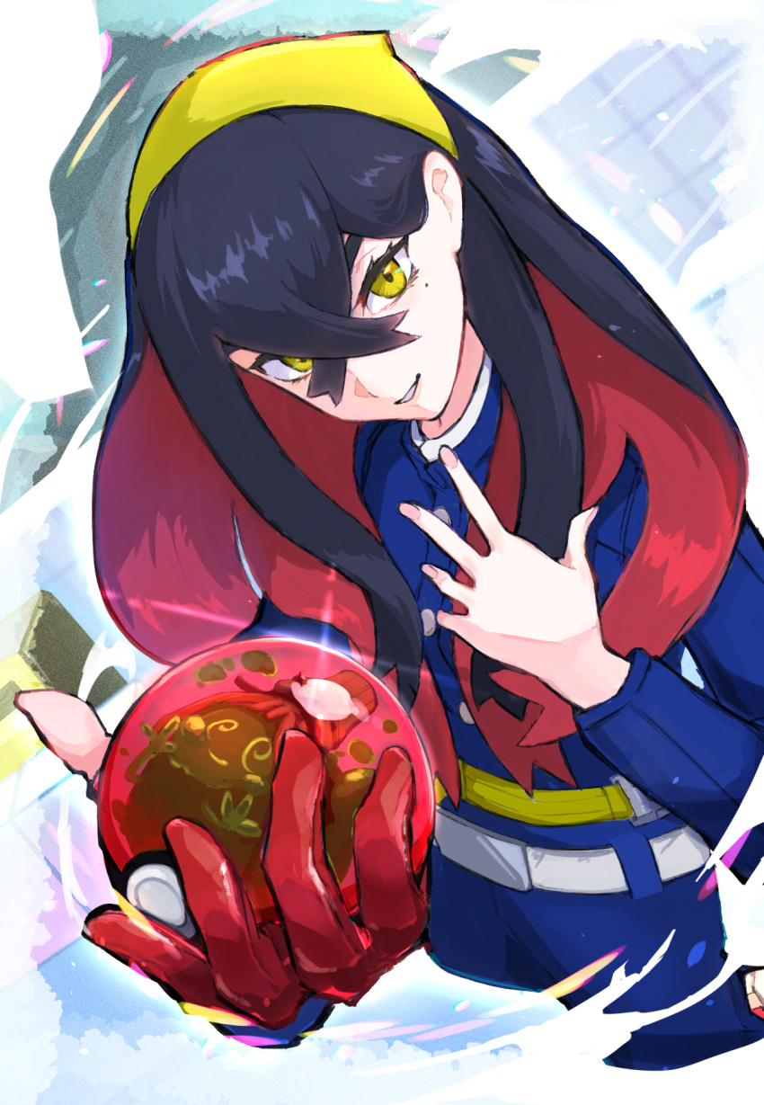1girl belt belt_buckle black_hair blue_jacket blue_pants buckle buttons carmine_(pokemon) commentary_request crossed_bangs gloves hair_between_eyes hairband highres holding holding_poke_ball jacket long_hair long_sleeves looking_at_viewer maato_tac mole mole_under_eye multicolored_hair pants parted_lips partially_fingerless_gloves poke_ball poke_ball_(basic) pokemon pokemon_(creature) pokemon_sv polteageist red_gloves red_hair single_glove smile strap two-tone_hair white_belt yellow_eyes yellow_hairband