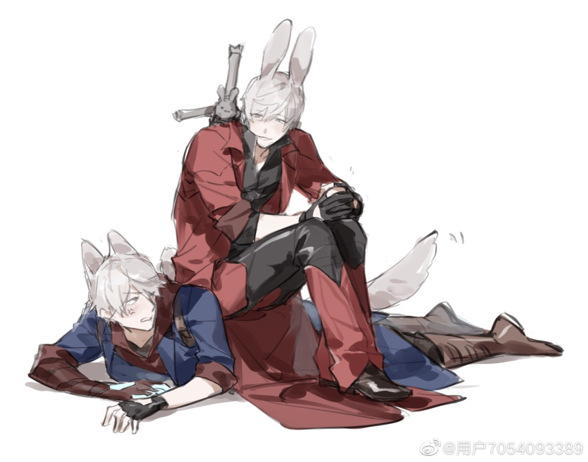 2boys animal_ears annoyed bad_source bishounen blue_eyes coat dante_(devil_may_cry) devil_bringer devil_may_cry_(series) devil_may_cry_4 dog_boy dog_ears dog_tail fingerless_gloves gloves highres hood jacket male_focus multiple_boys nero_(devil_may_cry) pale_skin rabbit_boy rabbit_ears rabbit_tail shigu_dmc simple_background sitting sitting_on_person smile sword tail trench_coat uncle_and_nephew weapon weibo_7054093389 white_hair