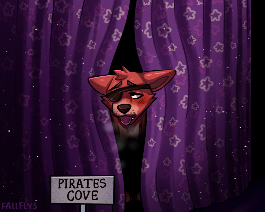 2023 anthro blush breath canid canine curtains english_text eye_patch eye_roll eyebrows eyewear fallflys five_nights_at_freddy's fox foxy_(fnaf) fur hi_res inside male mammal narrowed_eyes open_mouth scottgames sign signature solo teeth text tongue tongue_out tuft