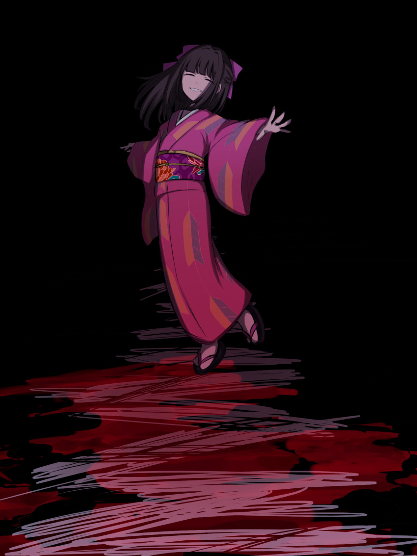 1girl black_background black_hair blunt_bangs bow closed_eyes commentary_request facing_viewer gegege_no_kitarou grin hair_bow highres hime_cut japanese_clothes kimono kitarou_tanjou:_gegege_no_nazo long_hair obi obijime okobo outstretched_arms print_kimono purple_bow purple_kimono ryuuga_sayo sandals sash shiirodesu smile socks solo spread_arms standing standing_on_one_leg white_socks wide_shot wide_sleeves yagasuri