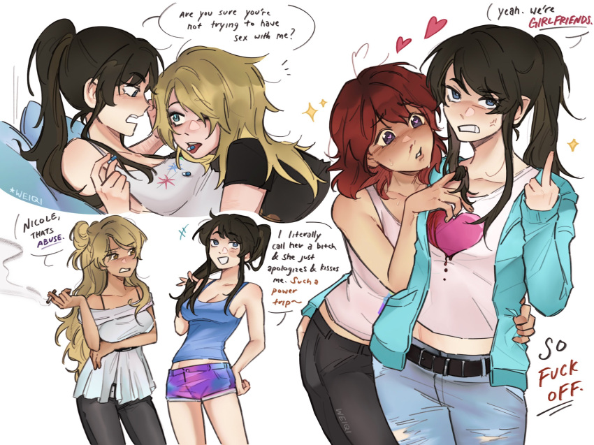 4girls ari_(class_of_09) black_hair blonde_hair breasts cigarette class_of_09 cleavage couple denim denim_shorts drugs emily_(class_of_09) english_text food_in_mouth heart heart-shaped_pupils highres holding holding_cigarette hug jacket jeans jecka_(class_of_09) long_hair multiple_girls nicole_(class_of_09) one_eye_closed pants pill ponytail profanity red_hair short_hair shorts smoking speech_bubble symbol-shaped_pupils tank_top torn_clothes torn_pants weiqi