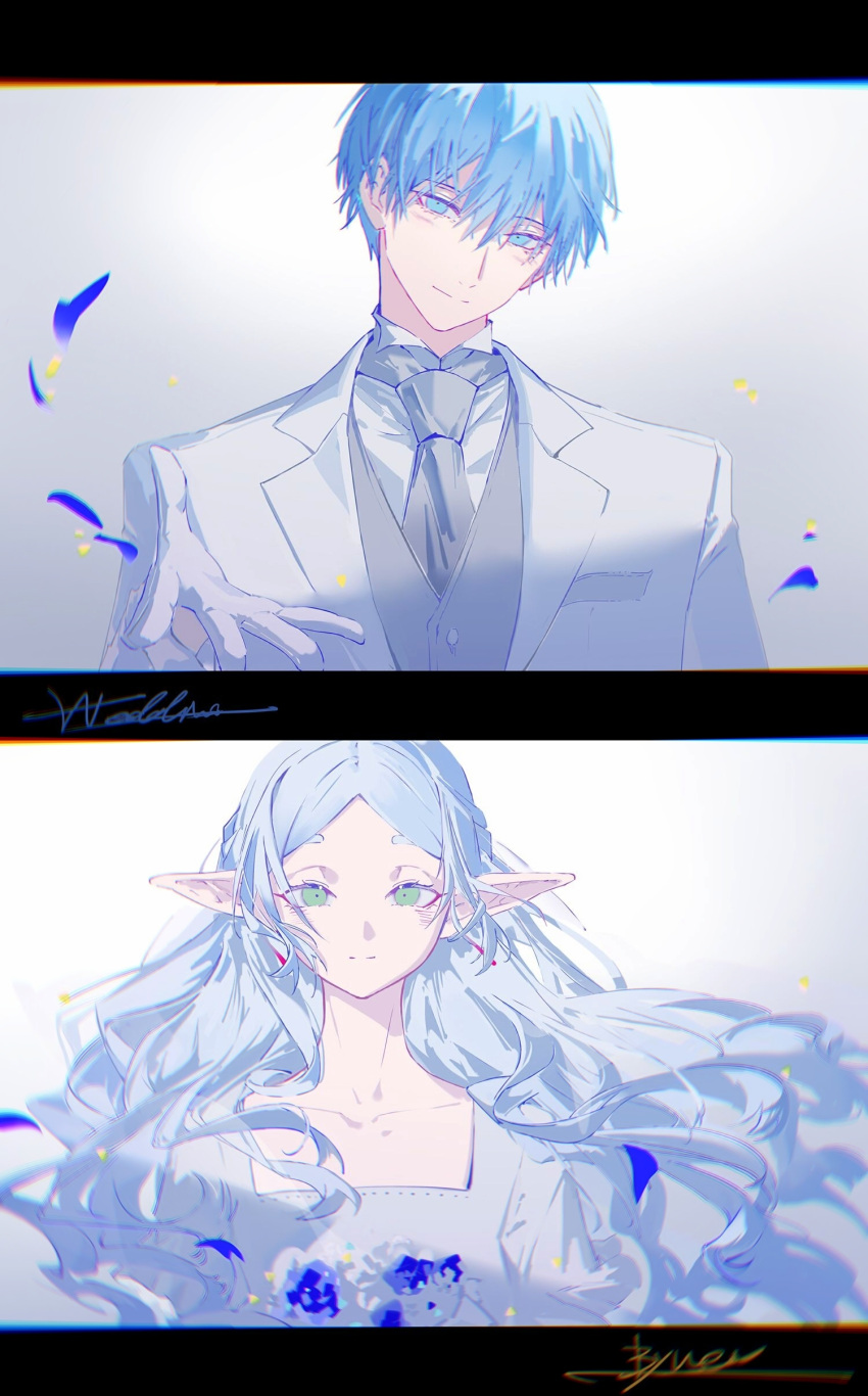 1boy 1girl absurdres beckoning blue_eyes blue_flower blue_rose bouquet braid bride byuey closed_mouth collarbone dress earrings elf flat_chest floating_hair flower french_braid frieren gloves green_eyes grey_hair grey_necktie grey_vest groom hand_up highres himmel_(sousou_no_frieren) jacket jewelry looking_at_viewer mole mole_under_eye necktie parted_bangs petals pointy_ears reaching reaching_towards_viewer rose shirt signature smile sousou_no_frieren split_screen suit upper_body vest wedding wedding_dress white_background white_dress white_flower white_gloves white_hair white_jacket white_rose white_shirt white_suit wing_collar