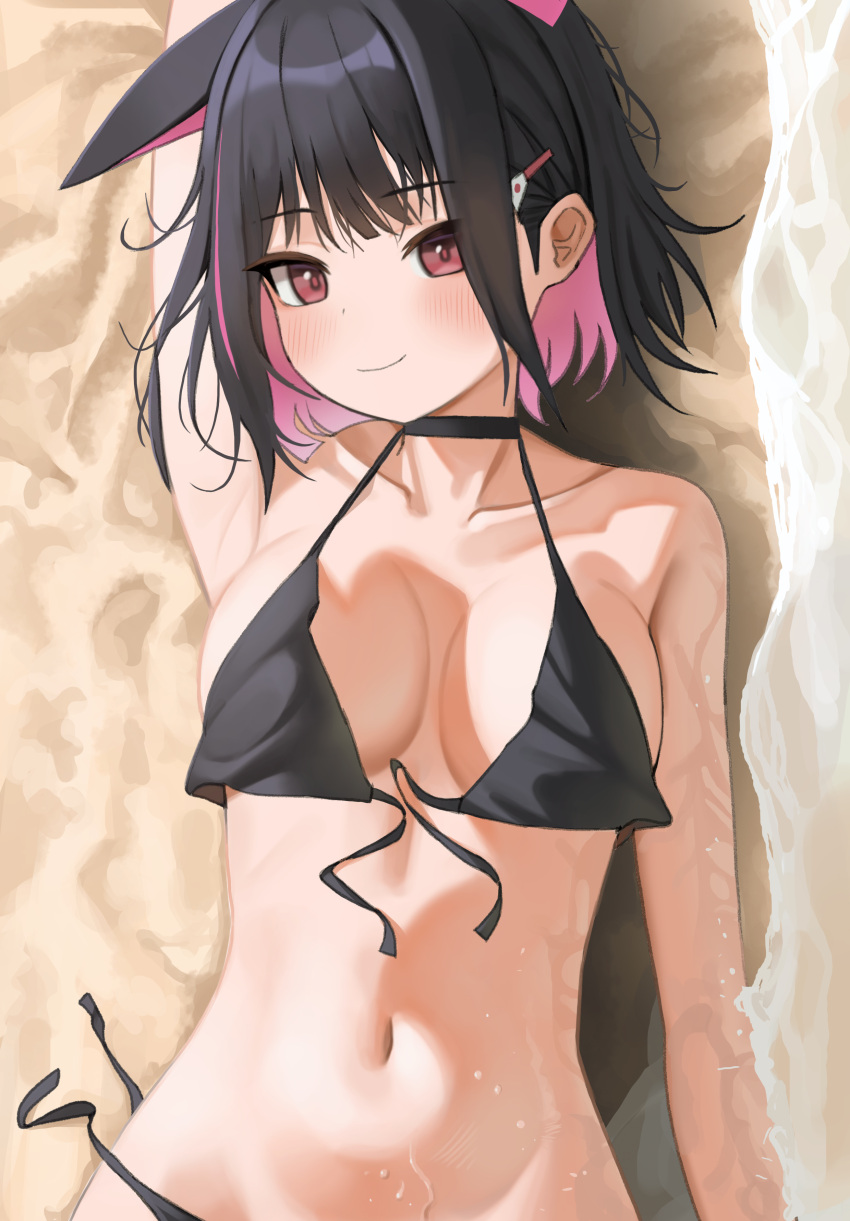 1girl absurdres animal_ears armpits bare_arms bare_shoulders beach bikini black_bikini black_hair blue_archive blush breasts cat_ears closed_mouth collarbone colored_inner_hair extra_ears hair_ornament hairclip highres kazusa_(blue_archive) large_breasts looking_at_viewer lying momocadraw multicolored_hair navel ocean on_back pink_hair red_eyes short_hair smile solo swimsuit