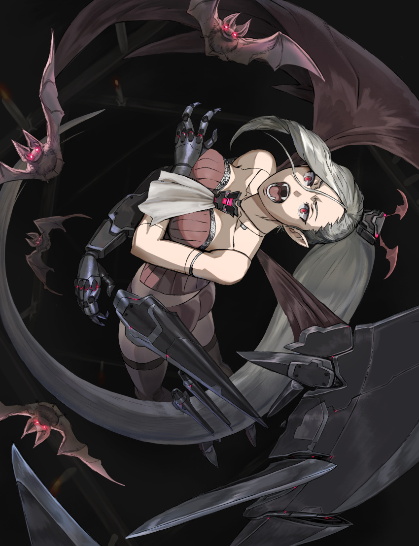 1girl absurdres android animal ascot ass asymmetrical_wings bare_shoulders bat_(animal) bat_wings breasts candle fangs grey_hair grey_thighhighs hair_between_eyes highres large_breasts level-00 long_hair loose_hair_strand mechanical_arms mechanical_wings open_mouth original panties pointy_ears ponytail red_eyes red_panties red_pupils red_shirt red_wings ribbed_shirt shirt solo strapless strapless_shirt teeth thighhighs underwear vampire very_long_hair white_ascot wings