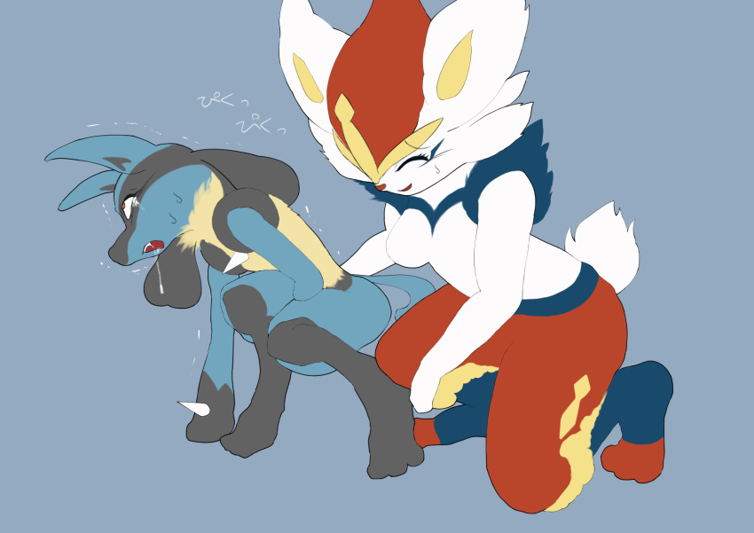 anthro ballbusting cinderace cock_and_ball_torture duo embarrassed feet female generation_4_pokemon generation_8_pokemon genital_torture hand_on_balls hauberk888 hi_res japanese_text lucario male male/female nintendo nude pain paws pokemon pokemon_(species) simple_background text toes